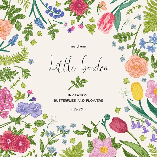 Цветочные Рамки Весенними Летними Растениями Маленький Сад Яркие Цветы — стоковый вектор