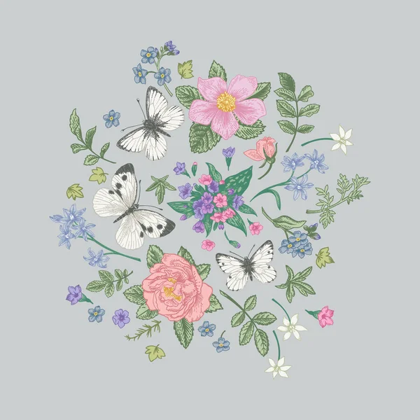 Composición Con Flores Mariposas Sobre Fondo Gris Colores Pastel Ilustración — Archivo Imágenes Vectoriales