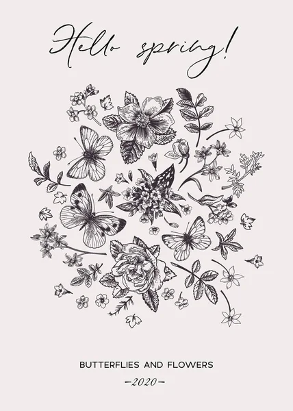 Tarjeta Floral Con Flores Primavera Mariposas Ilustración Botánica Vectorial Blanco — Vector de stock