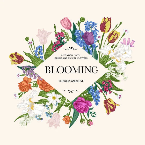 Rautenrahmen Mit Gartenblumen Vektorbotanische Illustration Iris Hyazinthe Tulpe Vergissmeinnicht Nelken — Stockvektor