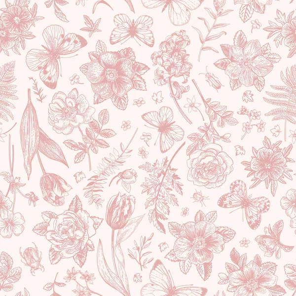 花や蝶とシームレスなパターン ピンク — ストックベクタ