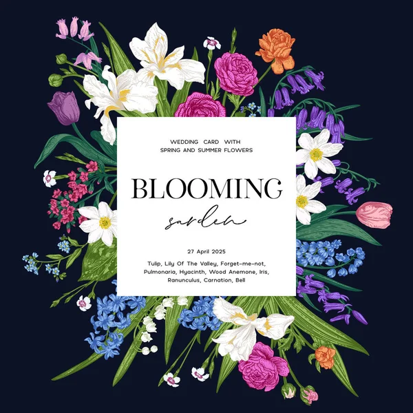 Huwelijksuitnodiging Bloeiende Tuin Vierkant Frame Met Lente Zomerplanten Heldere Bloemen — Stockvector