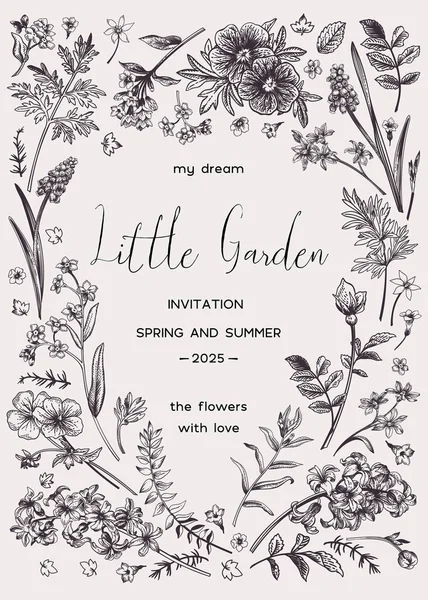 Vector Floral Invitation Card Place Text Shape Heart Little Garden — Stock Vector