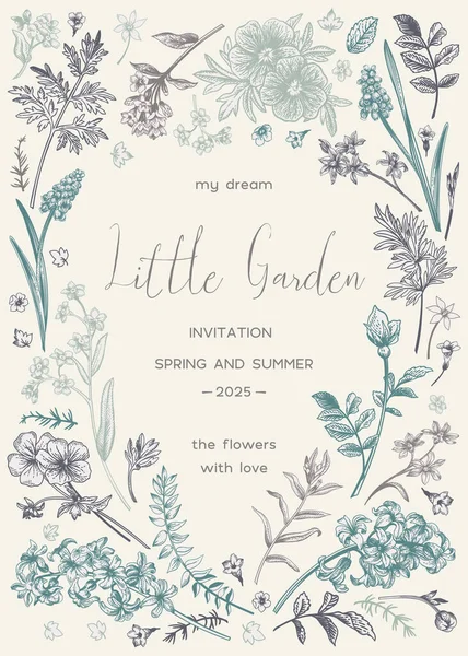 春と夏の庭の植物と花のフレーム 小さな庭だ ベクトル植物図 花と結婚式の招待状 ヴィンテージスタイル ほこりっぽい色 — ストックベクタ