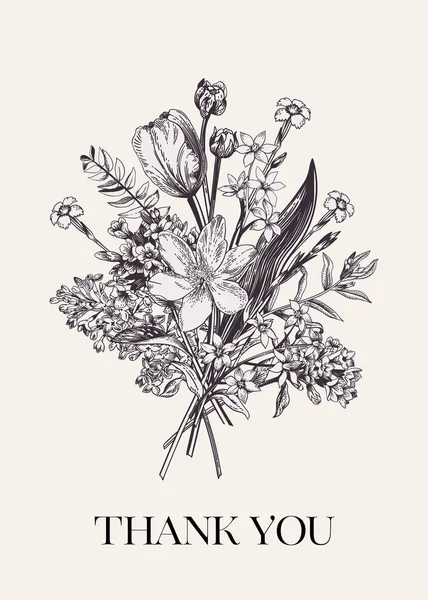 Дякую Картці Квітковий Букет Садові Лугові Квіти Ботанічна Векторна Ілюстрація — стоковий вектор
