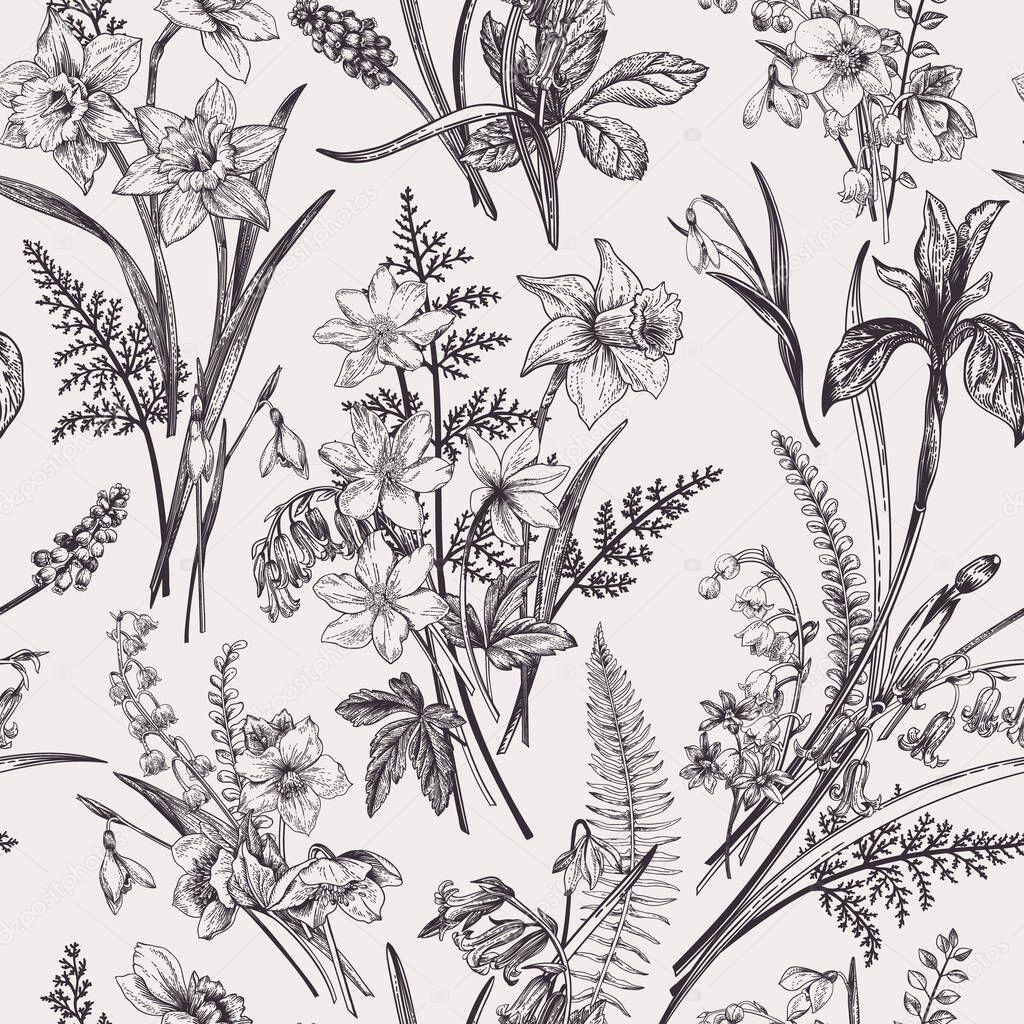 Seamless pattern with meadow and garden flowers and plants. 