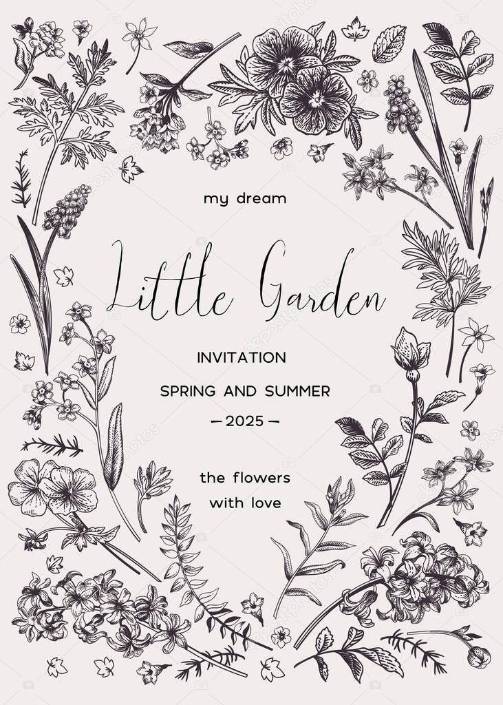 Vector floral invitation card with place for text in the shape of a heart. Little garden.  Black and white.