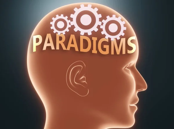 Paradigmák Belül Emberi Elme Képezett Szó Paradigmák Belül Fej Fogaskerekek — Stock Fotó