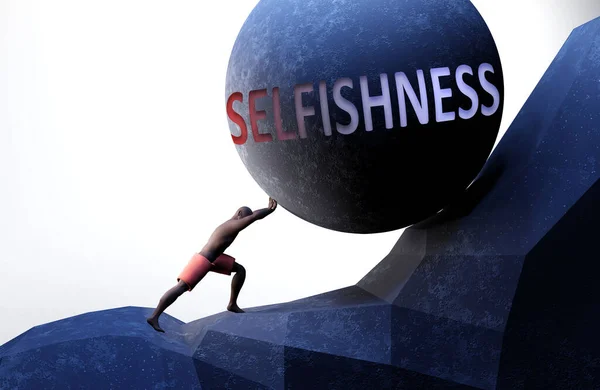 人生を困難にする問題としての利己主義 言葉で体重を押している人によって象徴される自己中心性は持ち運びが難しい負担になることを示すために 3Dイラスト — ストック写真