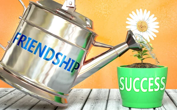 Przyjaźń Pomaga Osiągnąć Sukces Wyobrażony Jako Słowo Przyjaźń Konewce Symbolizuje — Zdjęcie stockowe