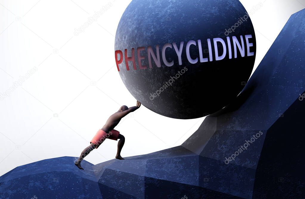 Phencyclidine as a problem that makes life harder - symbolized by a person pushing weight with word Phencyclidine to show that Phencyclidine can be a burden that is hard to carry, 3d illustration
