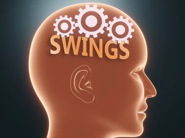 人間の心の中の羽 言葉として描かれたスイングは 人々が考えるかもしれないものであり それが彼らの行動 3Dイラストに影響を与えることを象徴する歯車で頭の中の羽 — ストック写真