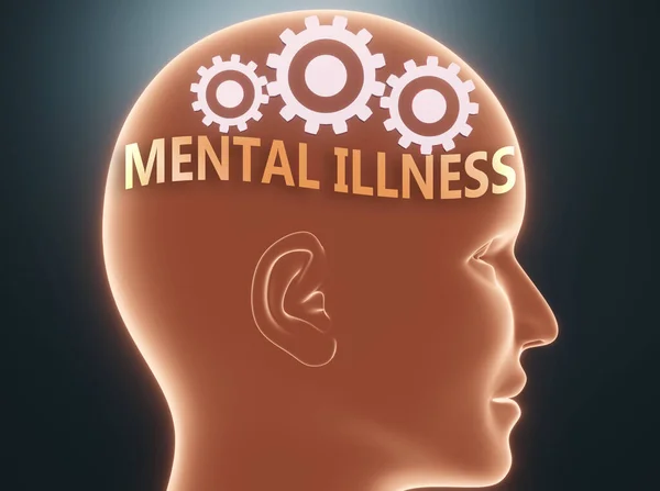 Mental Illness Human Mind Pictured Word Mental Illness Head Cogwheels — Stock Photo, Image
