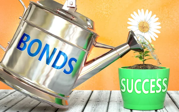 Obligacje Pomaga Osiągnąć Sukces Przedstawiony Jako Słowo Obligacje Konewce Symbolizowania — Zdjęcie stockowe
