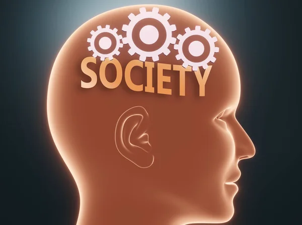 Society Human Mind Pictured Word Society Head Cogwheels Symbolize Society — Stock Photo, Image