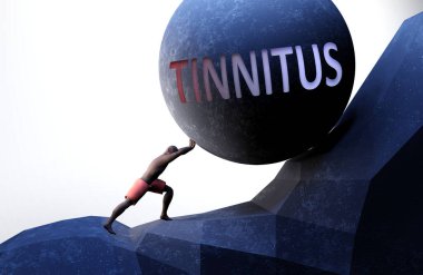 Tinnitus, hayatı zorlaştıran bir problem. Tinnitus 'un taşıması zor bir yük olduğunu göstermek için kelime Tinnitus' la ağırlık iten biri tarafından sembolize ediliyor.