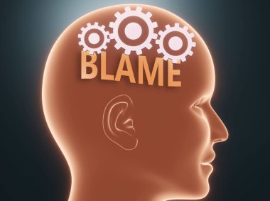 Blame inside human mind - pictured as word Blame inside a head with cogwheels to symbolize that Blame is what people may think about and that it affects their behavior, 3d illustration clipart
