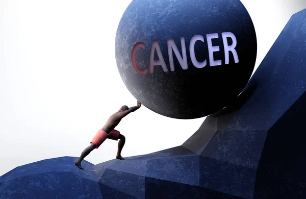 癌は生命をより困難にする問題として 癌が運ぶことは困難であることを示すために単語の癌との重量を押す人によって象徴される 3Dイラスト — ストック写真