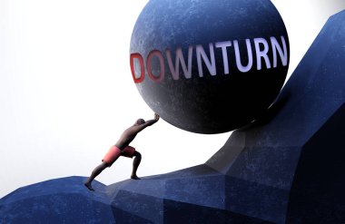 Hayatı zorlaştıran bir sorun olarak çöküş - sözlerle ağırlık iten bir kişi tarafından sembolize edilir Çöküş taşıması zor bir yük olduğunu göstermek için, 3d illüstrasyon