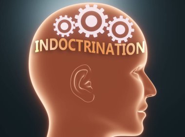 Indoctrination inside human mind - pictured as word Indoctrination inside a head with cogwheels to symbolize that Indoctrination is what people may think about, 3d illustration clipart