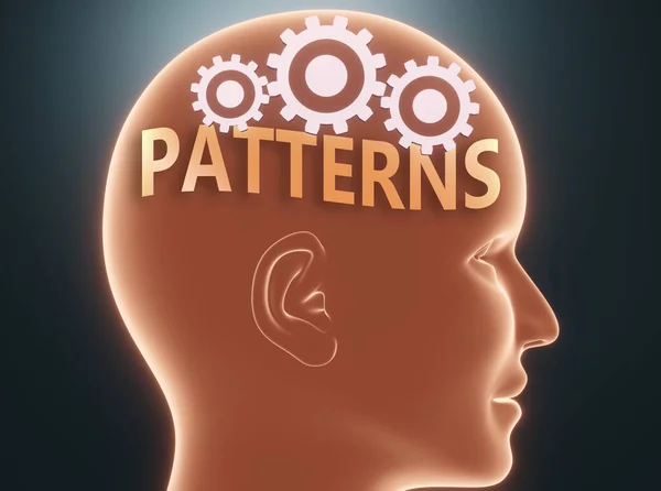 Patterns Human Mind Pictured Word Patterns Head Cogwheels Symbolize Patterns — Stock Photo, Image