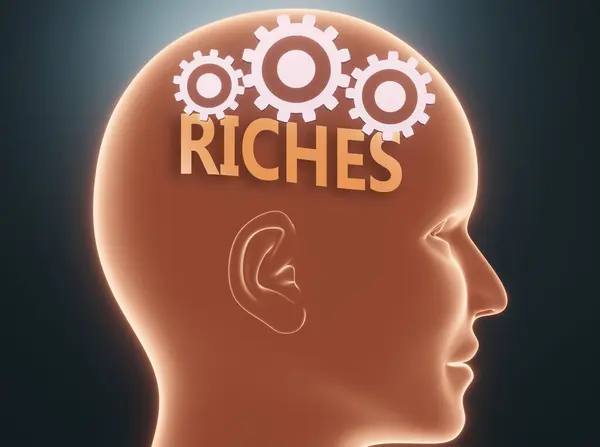 Bogactwa Ludzkim Umyśle Wyobrażone Jako Słowo Bogactwa Wewnątrz Głowy Koła — Zdjęcie stockowe