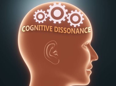 İnsan zihnindeki kavramsal uyumsuzluk, insanların düşünebileceği kavramsal uyumsuzluğu sembolize etmek için çarklı bir kafanın içindeki kavramsal uyumsuzluk olarak resmedilmiş. 3 boyutlu illüstrasyon.