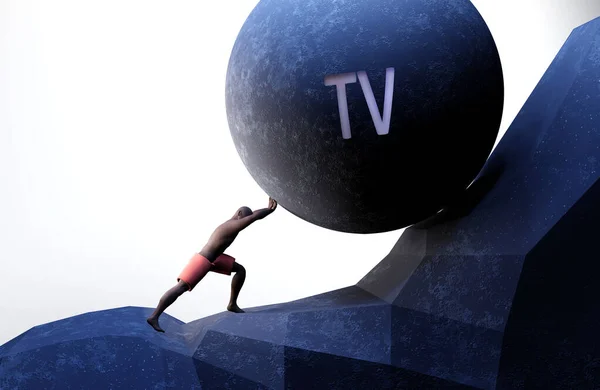 テレビは人生を困難にする問題として 単語のテレビで体重を押している人によって象徴されるテレビは運ぶのが難しい負担になることができることを示すために 3Dイラスト — ストック写真