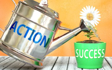 Eylem başarının sağlanmasına yardımcı olur - sulama üzerine kelime eylemi olarak resmedilmiş olan Eylem, başarının büyümesini sembolize eder ve hayatta ve iş hayatında kazanç için şarttır, 3D illüstrasyon