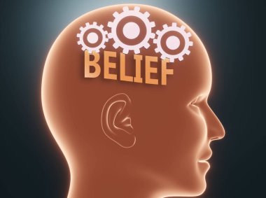 İnsan zihninin içindeki inanç. İnancın, insanların düşünebileceği şeyin inanç olduğunu sembolize eden çarklı bir kafanın içindeki inanç kelimesi olarak resmedilmiş. Ve bu onların davranışlarını etkiliyor.