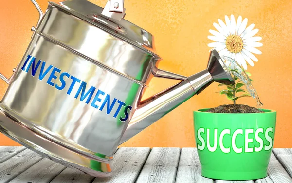 Investments Helps Achieve Success Pictured Word Investments Watering Can Show — Stock Photo, Image