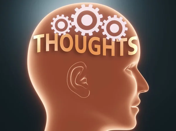 人間の心の中の思考 言葉として描かれた思考歯車と頭の中の思考は 思考が人々が考えるかもしれないものであり それが彼らの行動 3Dイラストに影響を与えることを象徴しています — ストック写真