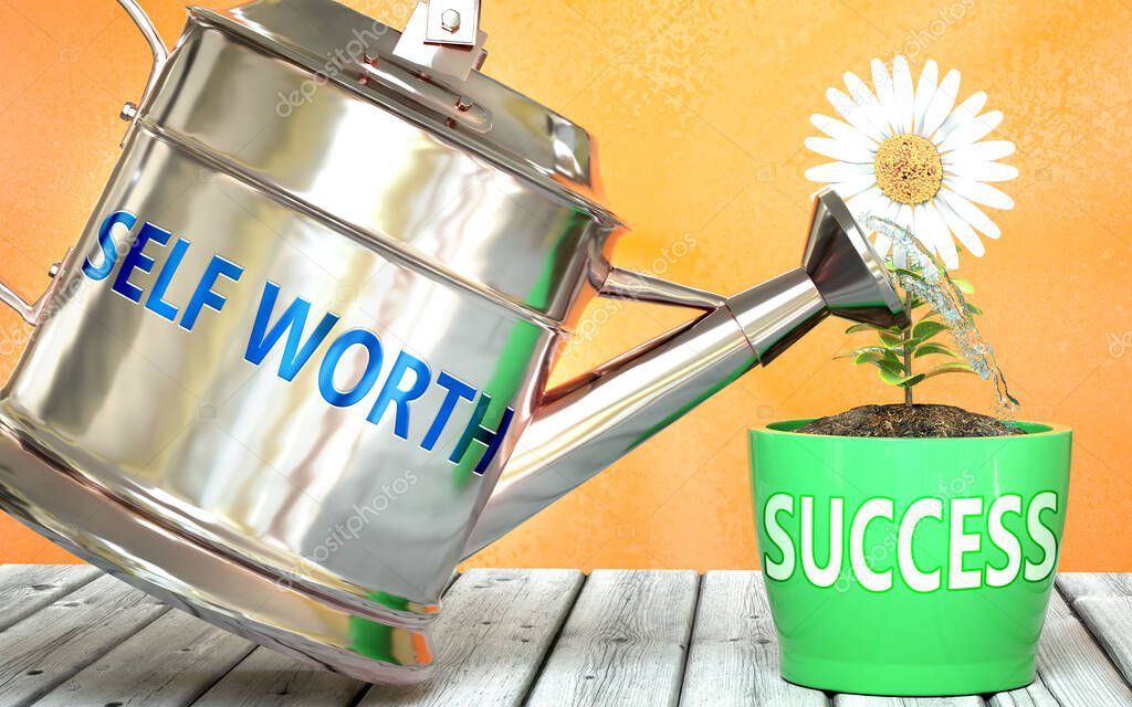 Self worth helps achieving success - pictured as word Self worth on a watering can to symbolize that Self worth makes success grow and it is essential for profit in life and business, 3d illustration