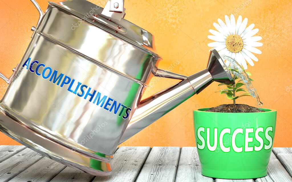 Accomplishments helps achieve success - pictured as word Accomplishments on a watering can to show that it makes success to grow and it is essential for profit in life, 3d illustration