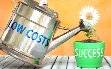 Düşük maliyetler başarının sağlanmasına yardımcı olur - düşük maliyetli bir sulama konservesinin düşük maliyetli olması, düşük maliyetli maliyetlerin başarıyı artırdığını sembolize eder ve hayatta ve iş dünyasında kar için gereklidir, 3d illüstrasyon