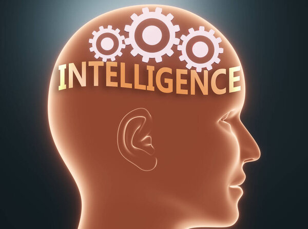 Intelligence inside human mind - pictured as word Intelligence inside a head with cogwheels to symbolize that Intelligence is what people may think about, 3d illustration