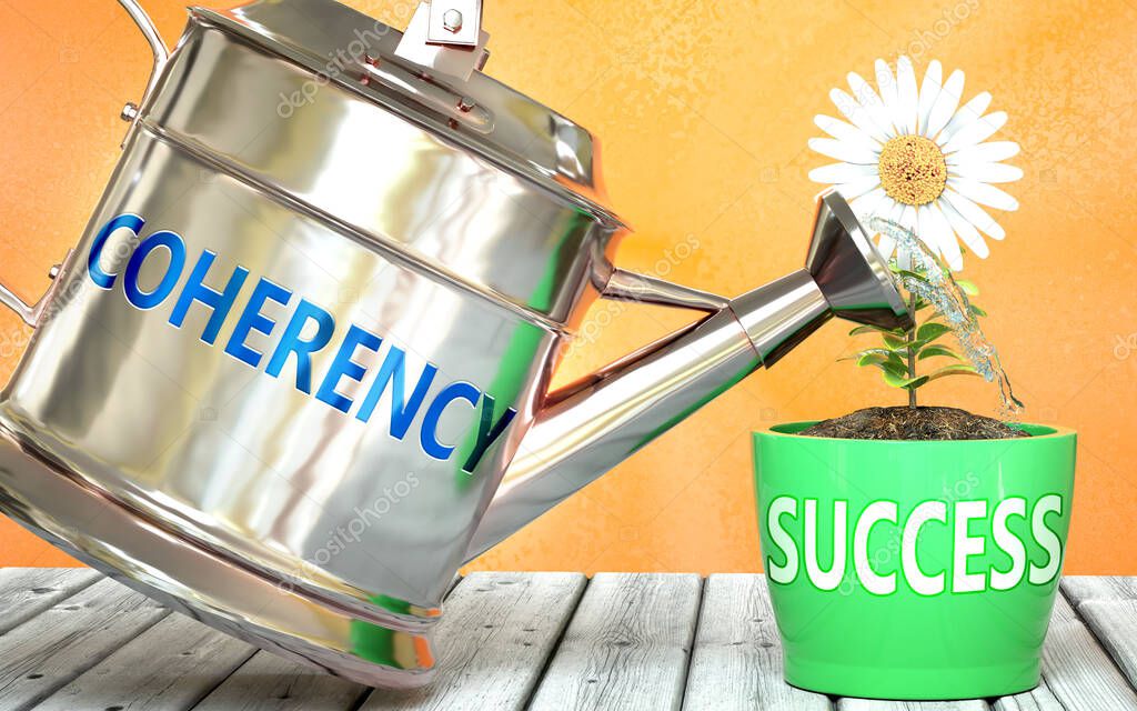 Coherency helps achieving success - pictured as word Coherency on a watering can to symbolize that Coherency makes success grow and it is essential for profit in life and business, 3d illustration