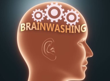 İnsan zihninin içinde beyin yıkama. Beyin yıkamanın insanların düşünebileceği şey olduğunu sembolize eden çarklı bir kafanın içindeki beyin yıkama sözcüğü olarak resmedilmiş. 3D çizim.