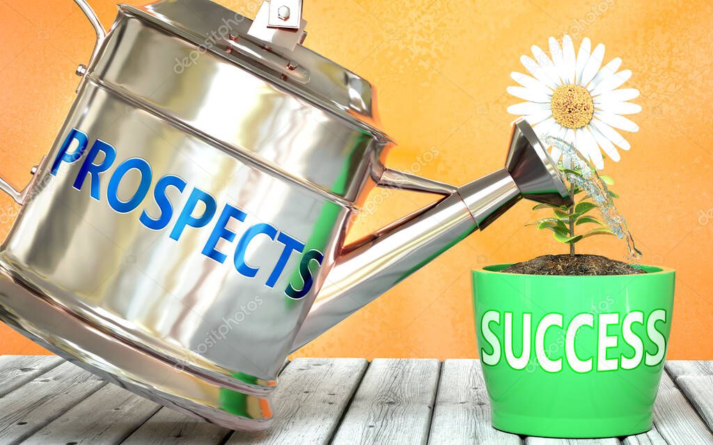 Prospects helps achieving success - pictured as word Prospects on a watering can to symbolize that Prospects makes success grow and it is essential for profit in life and business, 3d illustration
