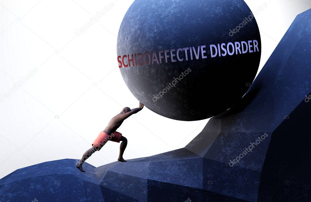 Schizoaffective disorder as a problem that makes life harder - symbolized by a person pushing weight with word Schizoaffective disorder to show that it can be a burden, 3d illustration