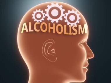 İnsan zihnindeki alkolizm, insanların düşünebileceği alkolizmi sembolize etmek ve davranışlarını, 3 boyutlu illüstrasyonlarını etkilemek için çarklı bir kafanın içindeki alkolizm kelimesi olarak resmedilir.