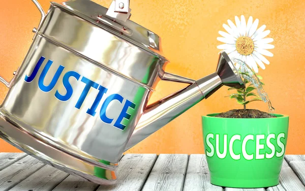 Spravedlnost Pomáhá Dosáhnout Úspěchu Vyobrazeno Jako Slovo Spravedlnost Zalévací Plechovce — Stock fotografie