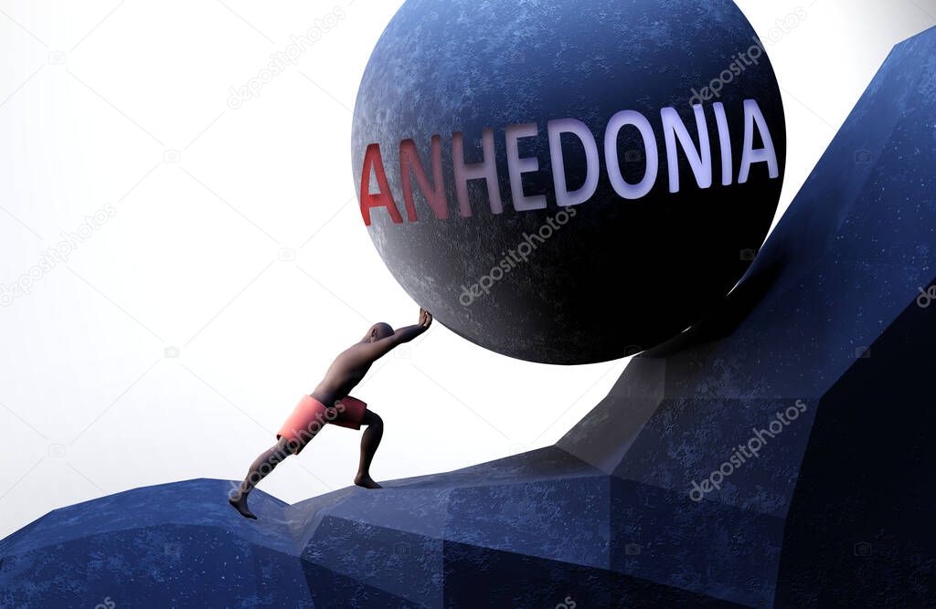 Anhedonia as a problem that makes life harder - symbolized by a person pushing weight with word Anhedonia to show that Anhedonia can be a burden that is hard to carry, 3d illustration