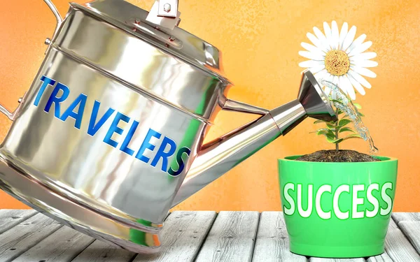 Reizigers Helpen Succes Behalen Afgebeeld Als Woord Reizigers Een Gieter — Stockfoto