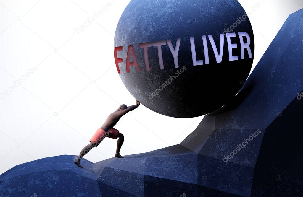 Fatty liver as a problem that makes life harder - symbolized by a person pushing weight with word Fatty liver to show that Fatty liver can be a burden that is hard to carry, 3d illustration
