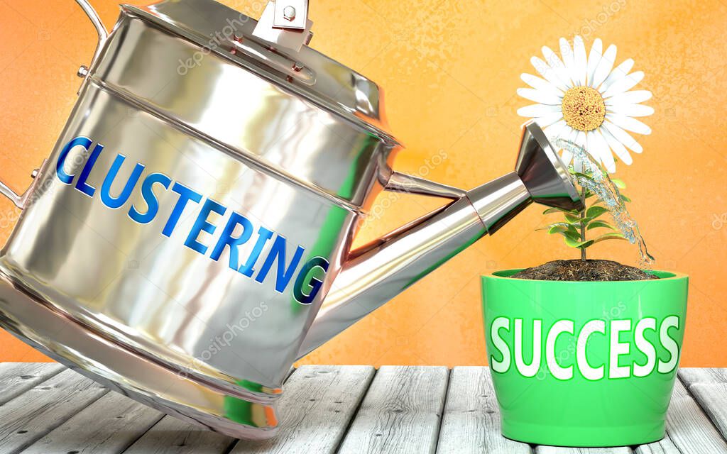 Clustering helps achieving success - pictured as word Clustering on a watering can to symbolize that Clustering makes success grow and it is essential for profit in life and business, 3d illustration