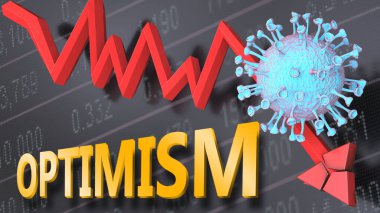 Covid virüsü ve iyimserlik, bir fiyat grafiğinin düşüşüyle sembolize ediliyor. Virüs ve kelime iyimserliği, Corona salgınının iyimserliği olumsuz yönde etkilediğini gösteriyor.
