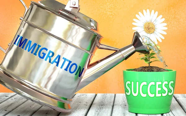 Imigrace Pomáhá Dosáhnout Úspěchu Vyobrazen Jako Slovo Imigrace Zalévací Plechovce — Stock fotografie
