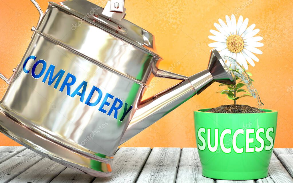 Comradery helps achieving success - pictured as word Comradery on a watering can to symbolize that Comradery makes success grow and it is essential for profit in life and business, 3d illustration