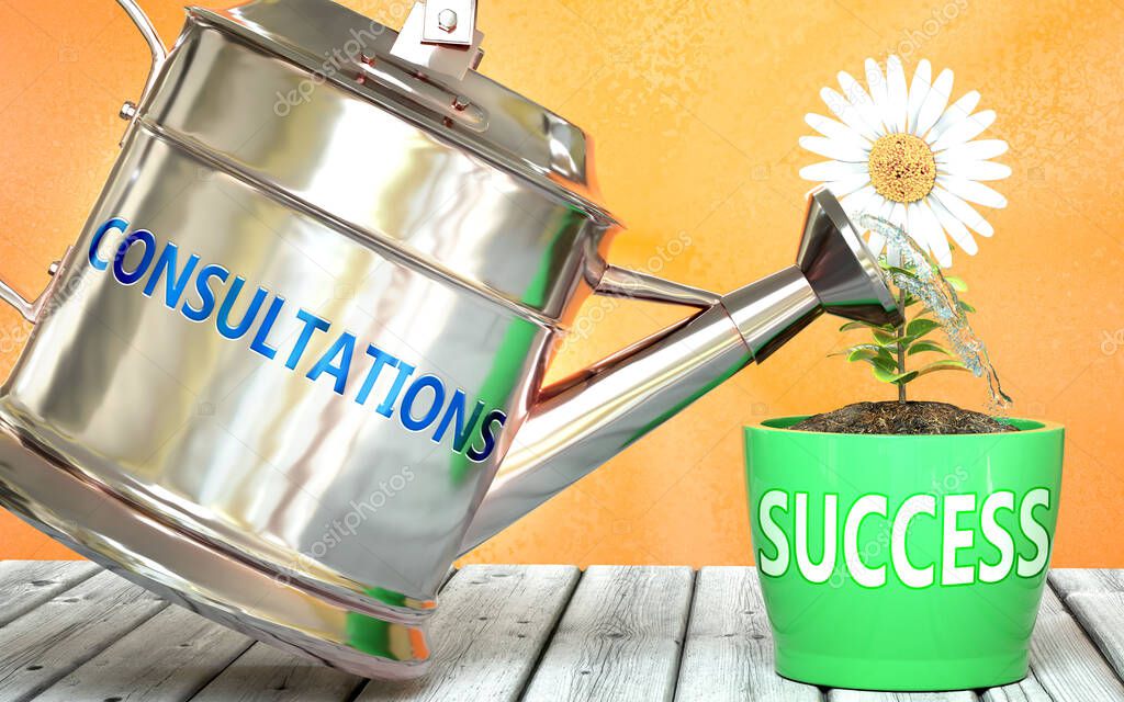 Consultations helps achieve success - pictured as word Consultations on a watering can to show that it makes success to grow and it is essential for profit in life, 3d illustration
